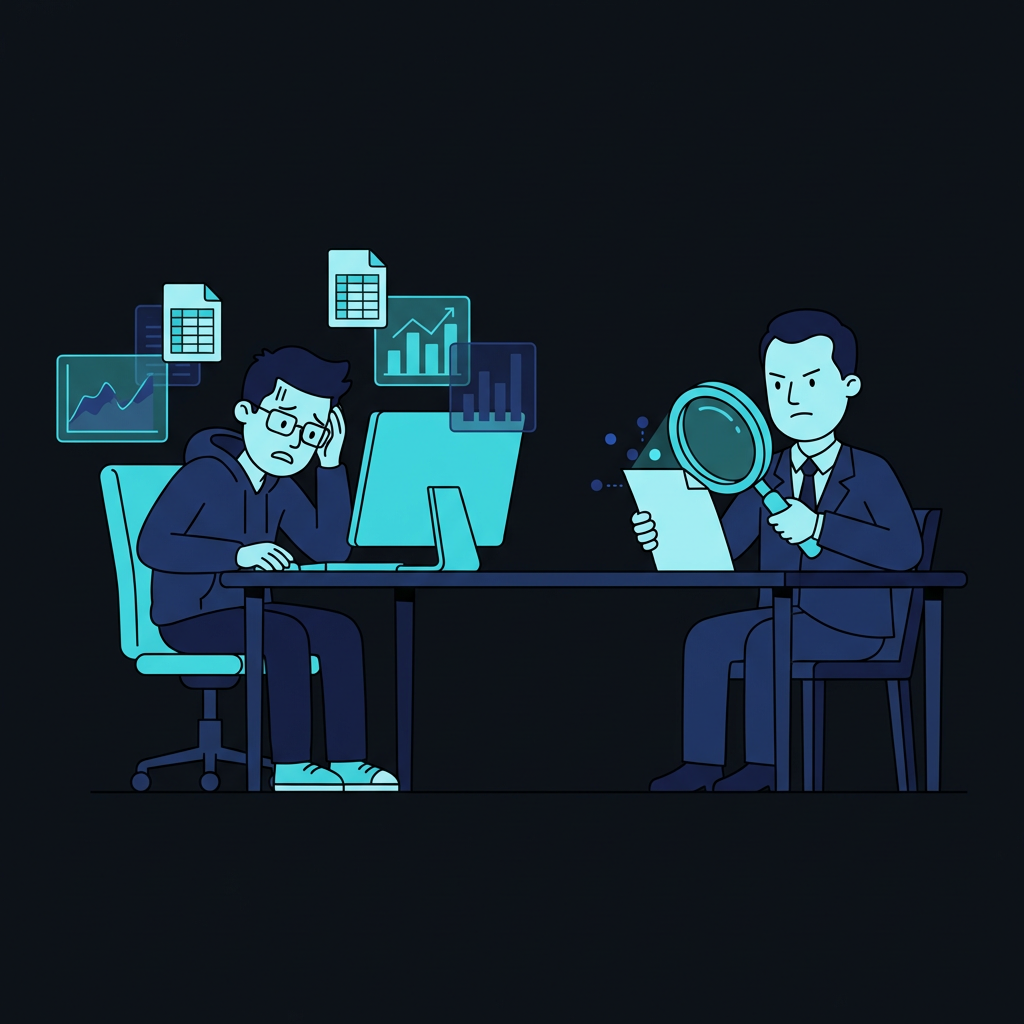 A buyer scrutinizes a CTO's data under a magnifying glass